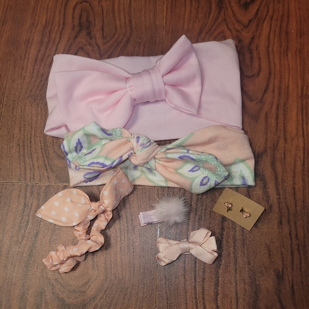 6 piece pink hair bow earring and headband accessory bundle